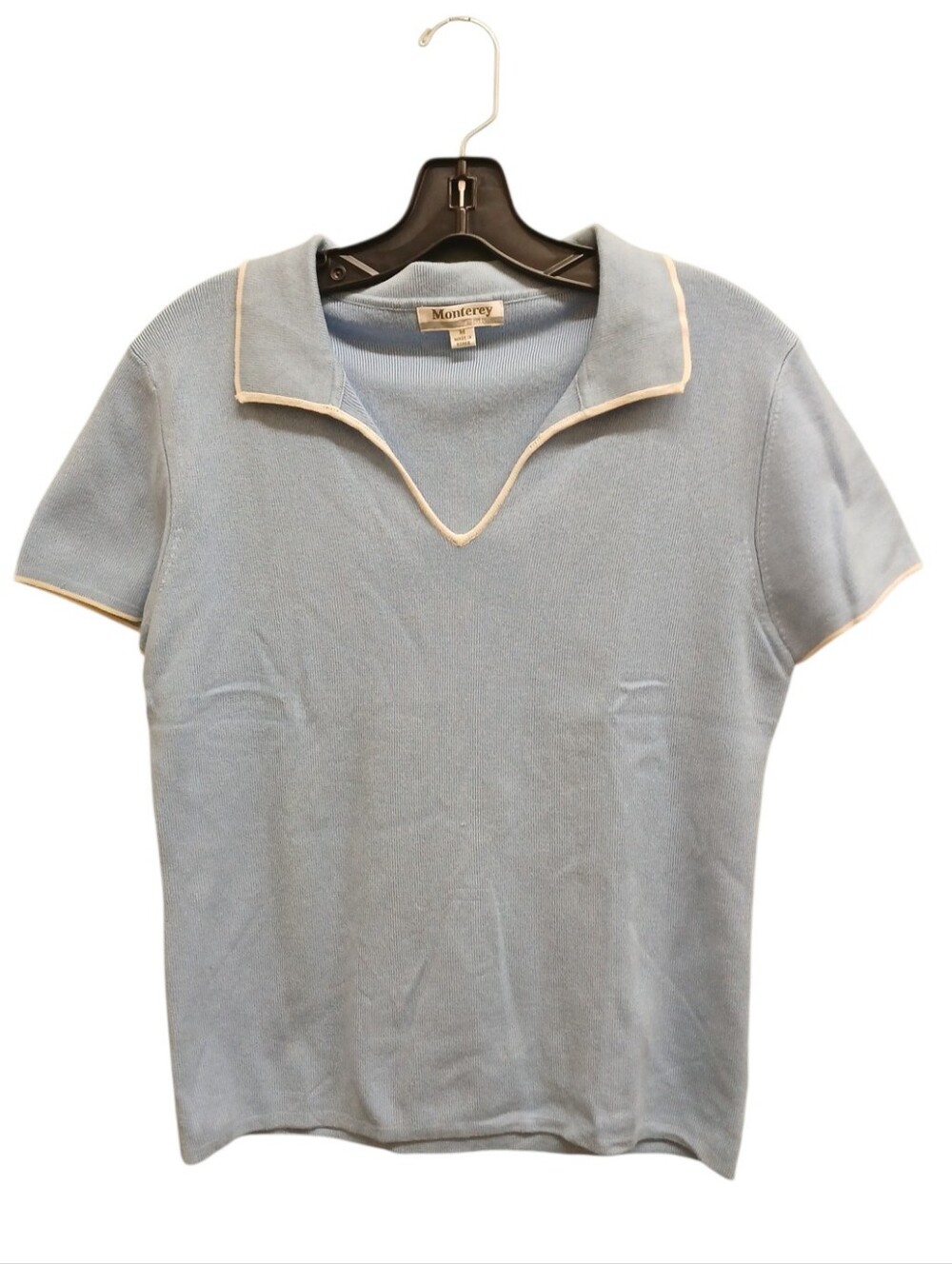 Monterey Club Vintage Light Blue Polo Sweater Top with Cream Trim Size Medium